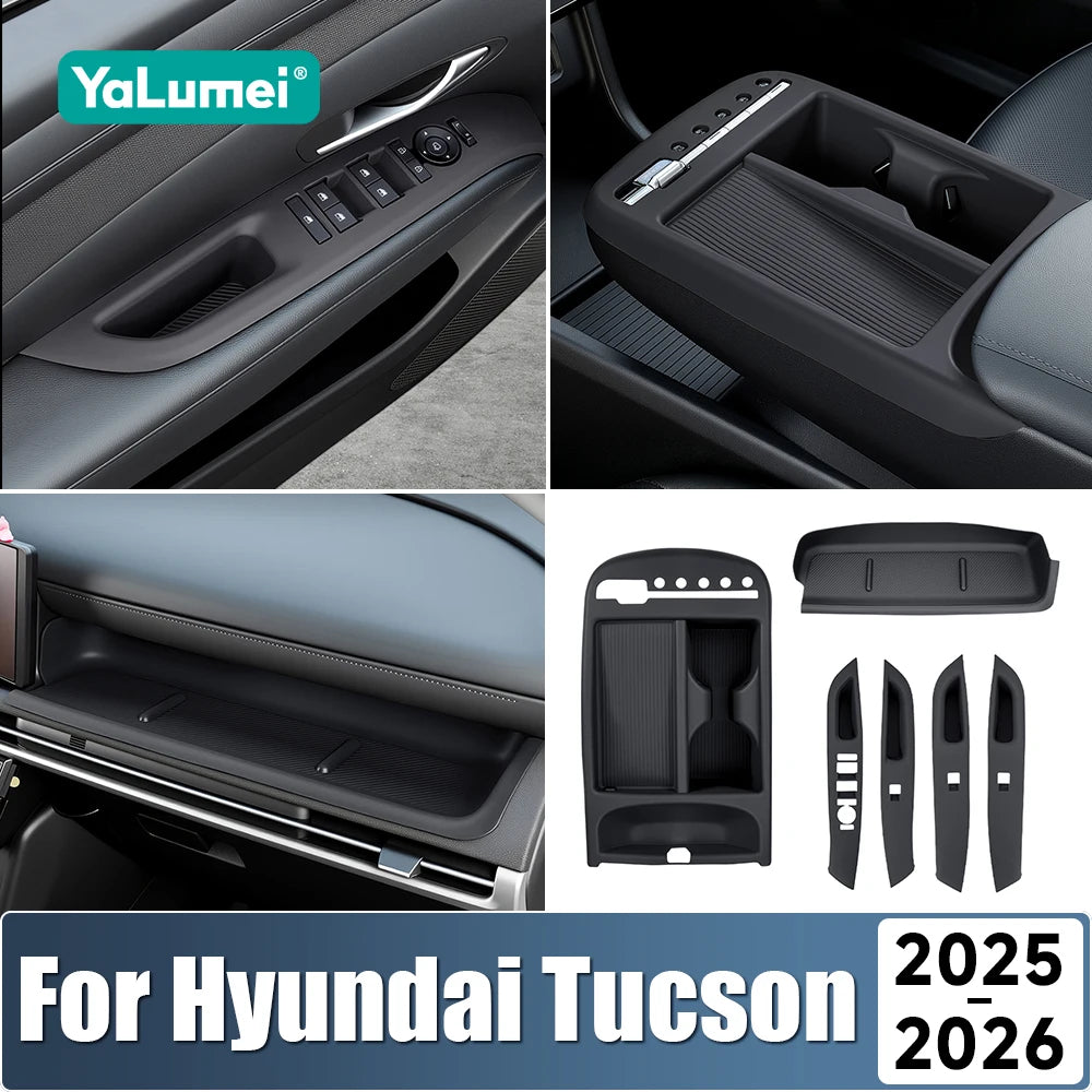 For Hyundai Tucson 2025 2026 Center Console Organizer Tray Armrest Storage Box Glass Lift Switch Silicone Cover Car Accessories