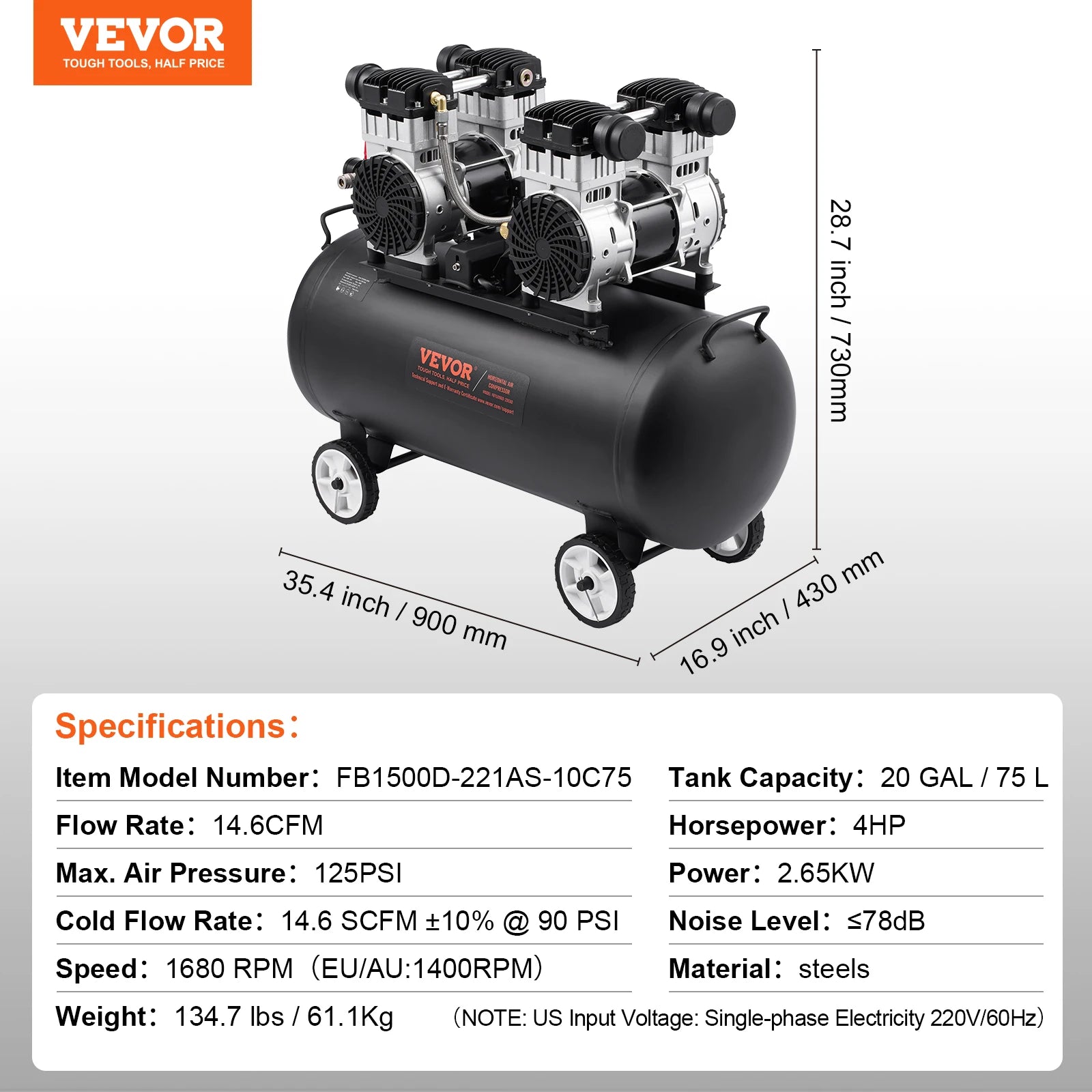 Air Compressor 750W-3000W Oil Free Quiet Portable Pump | Auto Repair & Tire Inflation detail view
