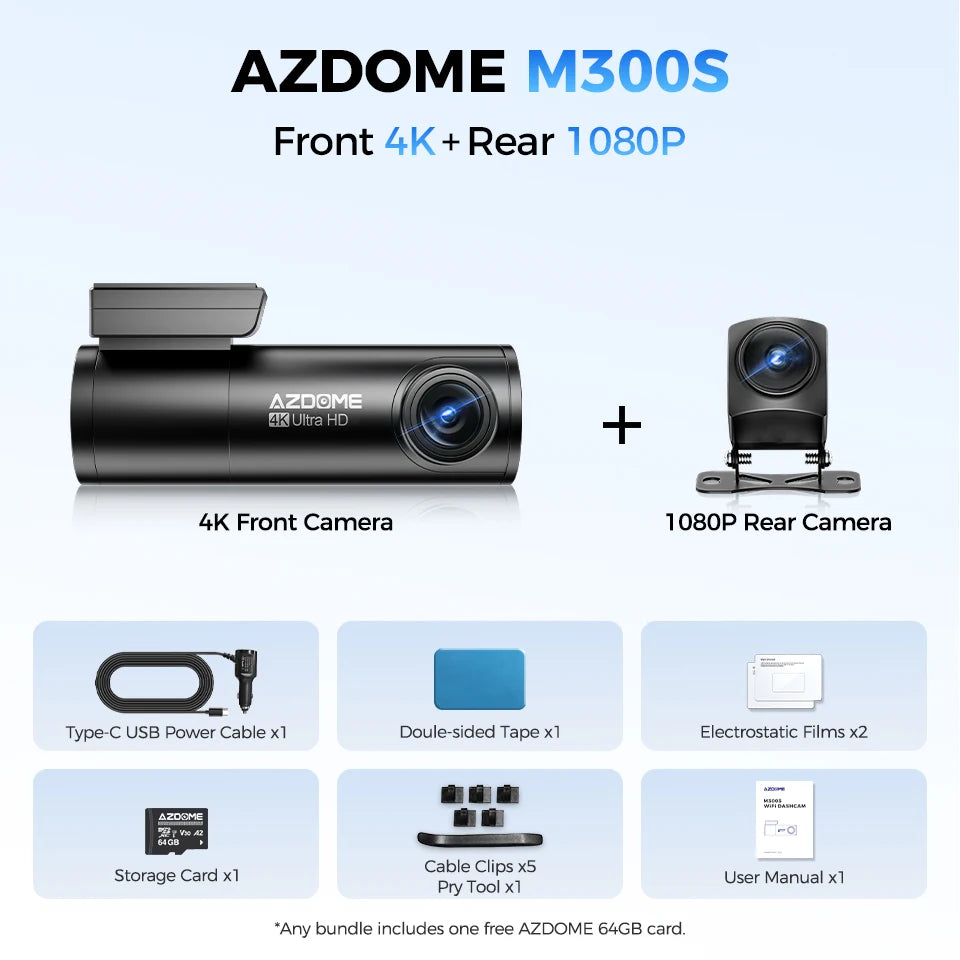 AZDOME M300S Dash Cam 4K+1080P Car Rear Camera Dash Cam 800MP Lens Built-in GPS WIFI Car DVR Voice Control Night Vision 후방카메
