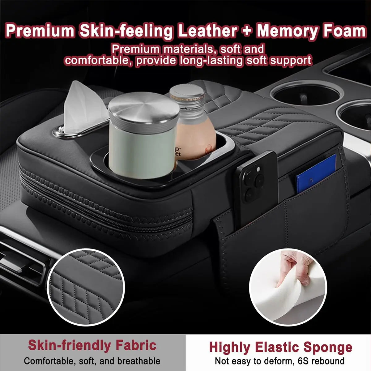 Multifunctional Car Armrest Cushion, Center Console Cover with Tissue Holder, Cup Slot and Side Pockets