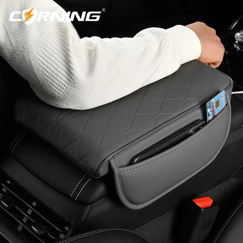 Universal Car Armrest Pad - PU Leather Memory Sponge Armrest Cushion Vehicle Center Console Cover Protector With Side Pocket