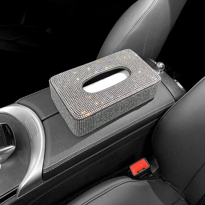 Rhinestone Genuine Leather Car Tissue Box Holder