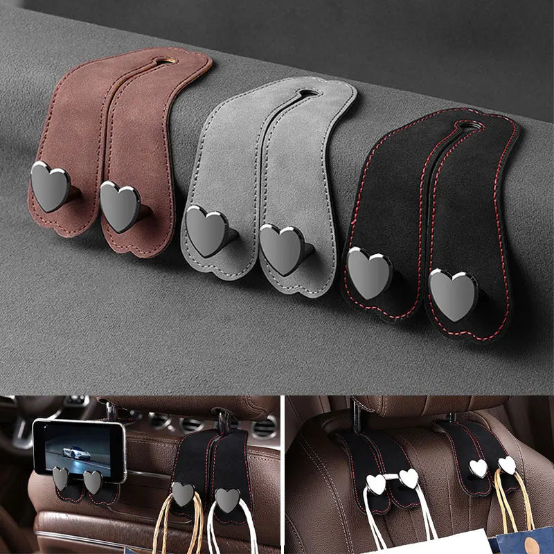 Heart Shape Metal Car Headrest Hooks 2 in 1 Leather Hanger