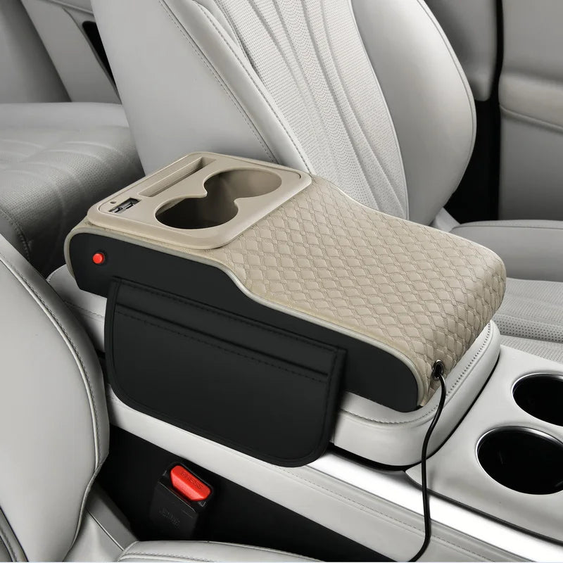 Multifunctional PU Leather Car Cup Holder Armrest Pad with Storage Pockets | Soft C additional angle