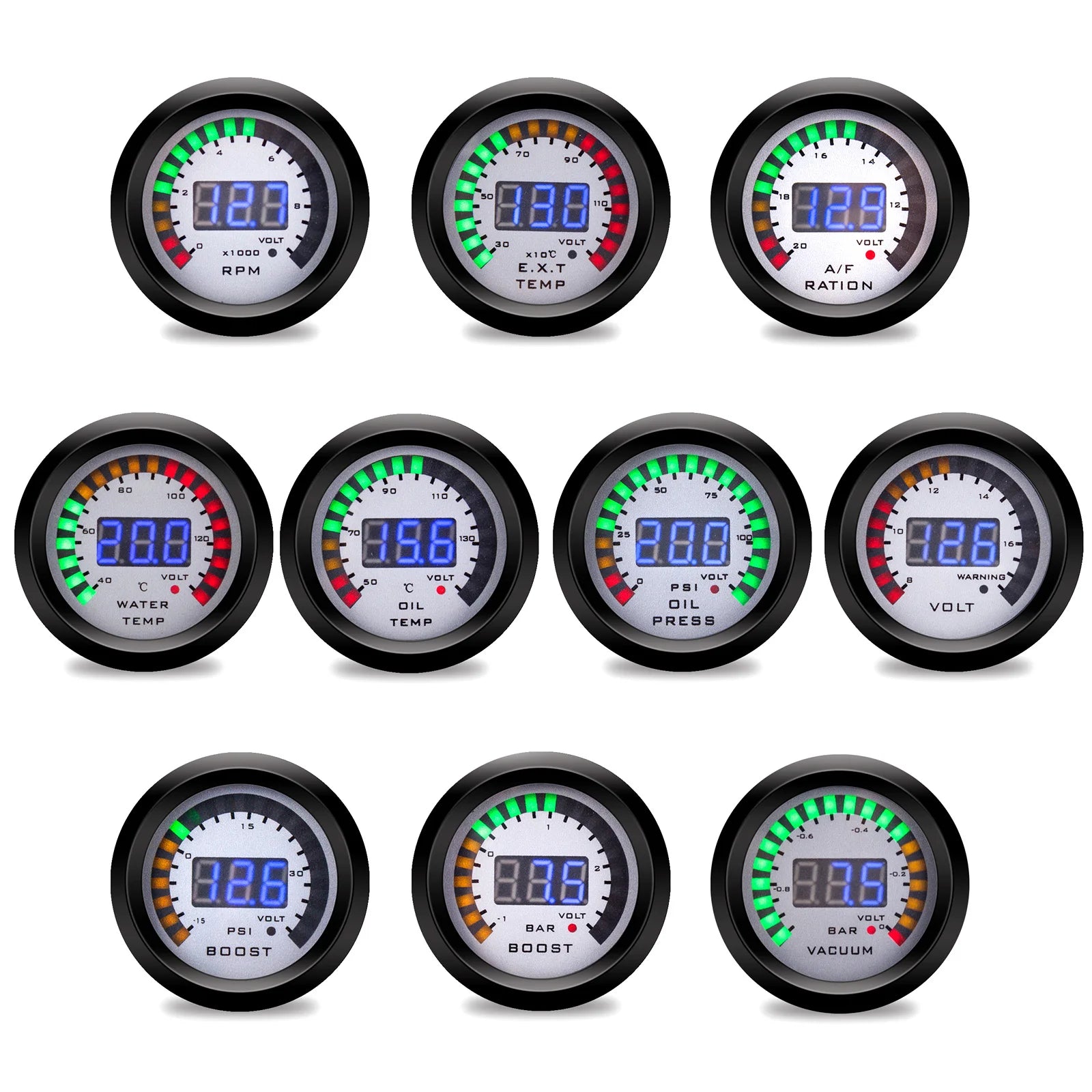 52mm Digital Car Gauge Set | AFR Tachometer Voltmeter Boost Vacuum Water Temp Oil Temp Oil Press EGT