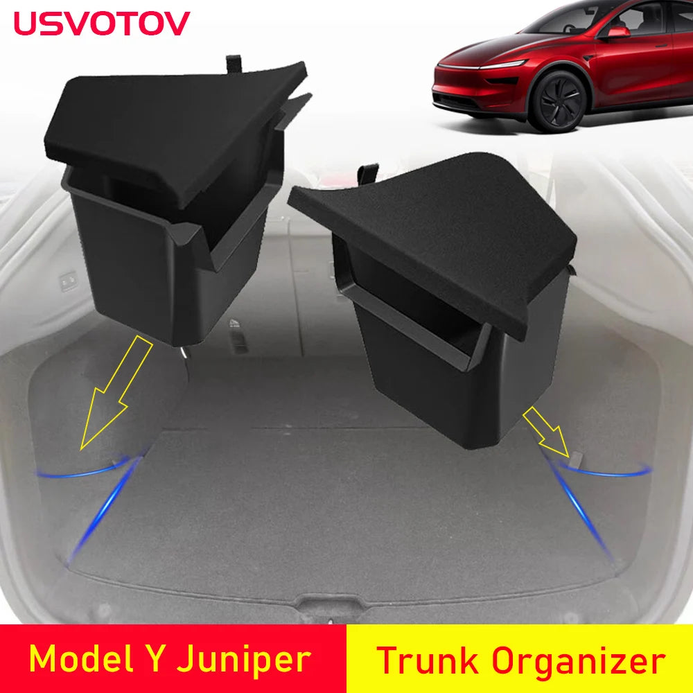 USVOTOV Tesla Model Y Juniper 2025 Trunk Organizer – TPE Rear Trunk Side Storage Bins
