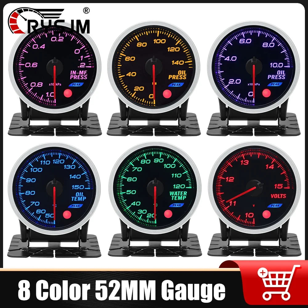 12V 52mm 8 Color Racing Car Voltmeter Oil Pressure Water Oil Temp EGT Exhaust Temp Turbo Boost Fuel Press Tachometer Gauge Meter