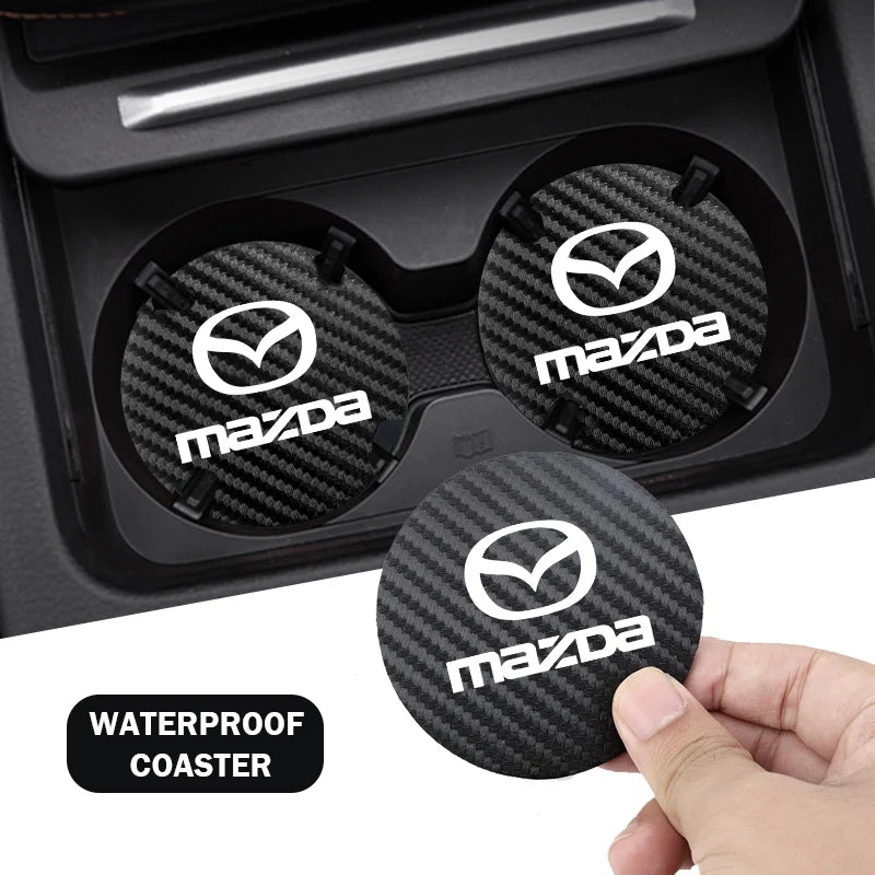 2Pcs Car Interior Leather Coaster Anti-noise Water Cup Pad for Mazda 3 CX5 CX30 MX5 CX3 | Carbon Bla