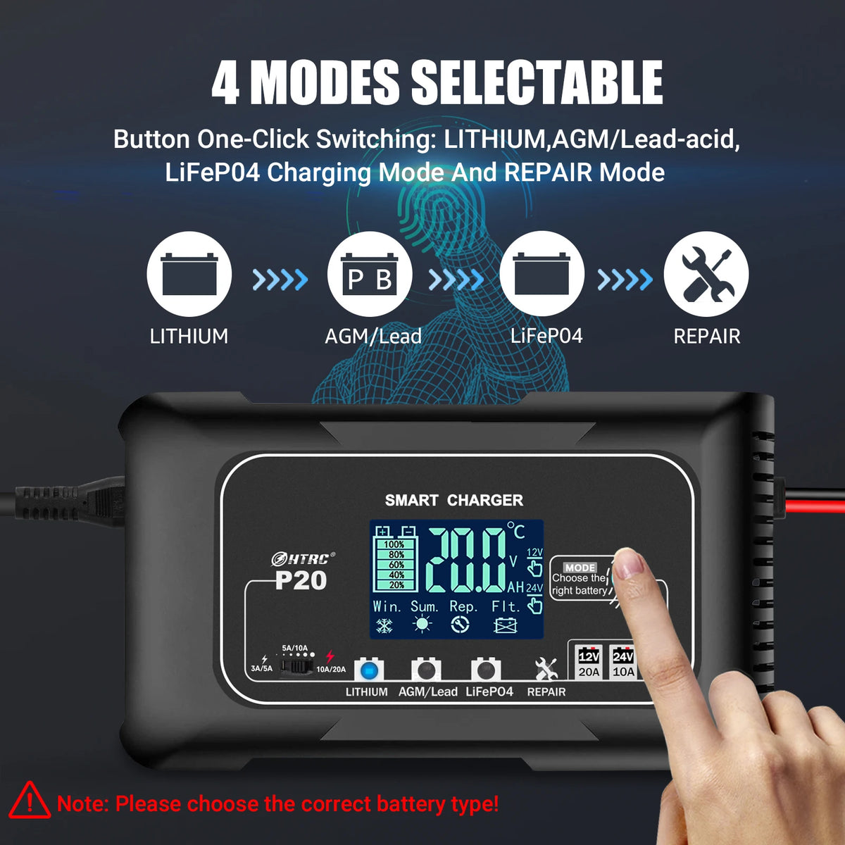 HTRC 20A/15A/10A Car Battery Charger LCD Automatic Pulse Repair Charger for Motorcycle Lead-Acid Lithium LiFePO4 AGM Wet Battery