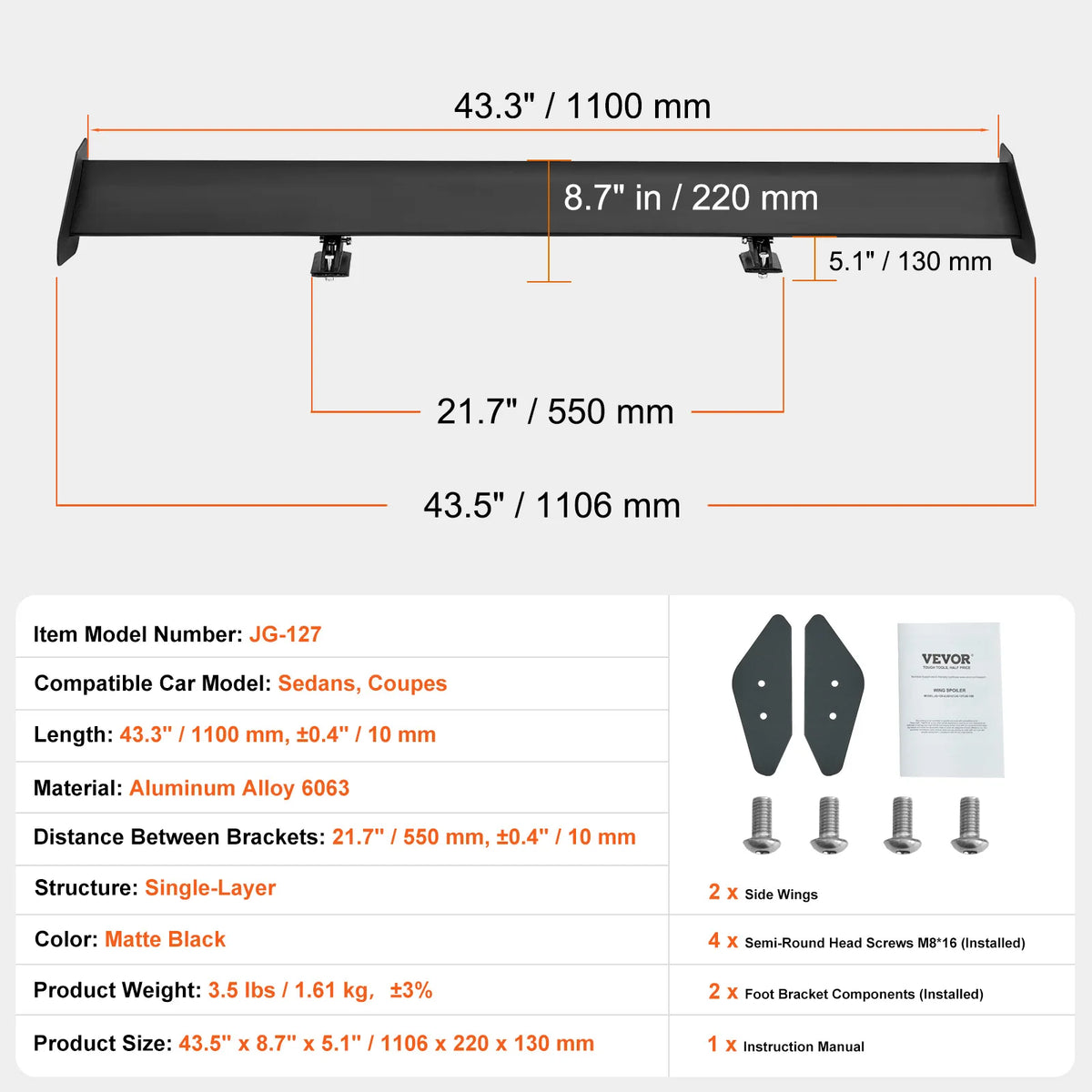 SucceBuy GT Wing Car Spoiler 43.3 inch Universal Spoiler with Single Deck Adjustable Lightweight Aluminum Car Rear Spoiler Wing