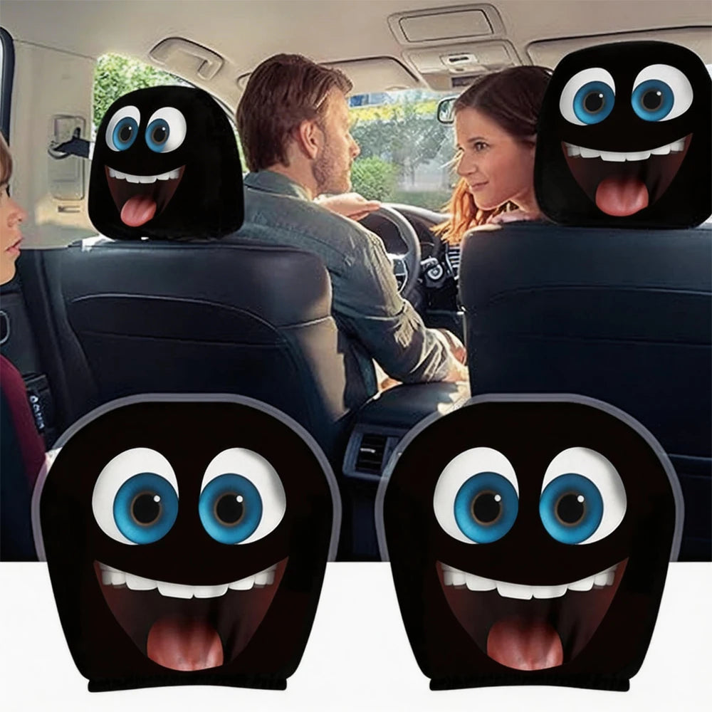 2PCS Blue Big Laugh Eyes Car Headrest Covers 2D Double Print Universal Funny Auto Dec alternate view