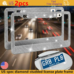 2PCS Stainless Steel License Plate Frame for Cars US-Spec Bling License Plate Frame Glitter Crystal Sparkling Rhinestone Caps
