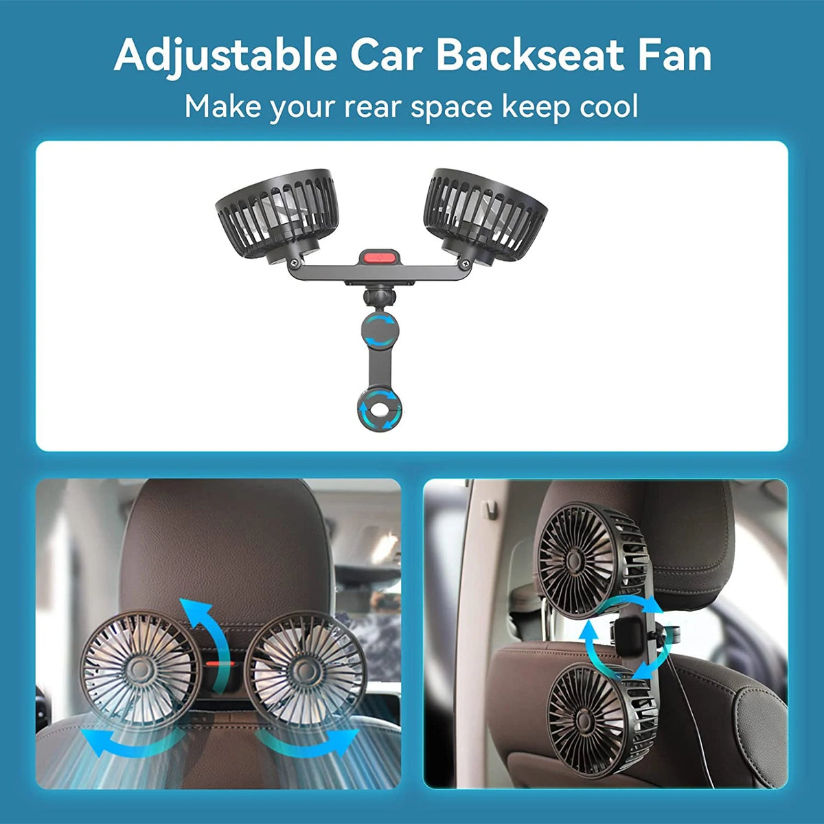 Car Fan 360° 3-speed Car Seat Back Cooling Fan USB Charge Dual Head Fan Adjustable Rotat detail view