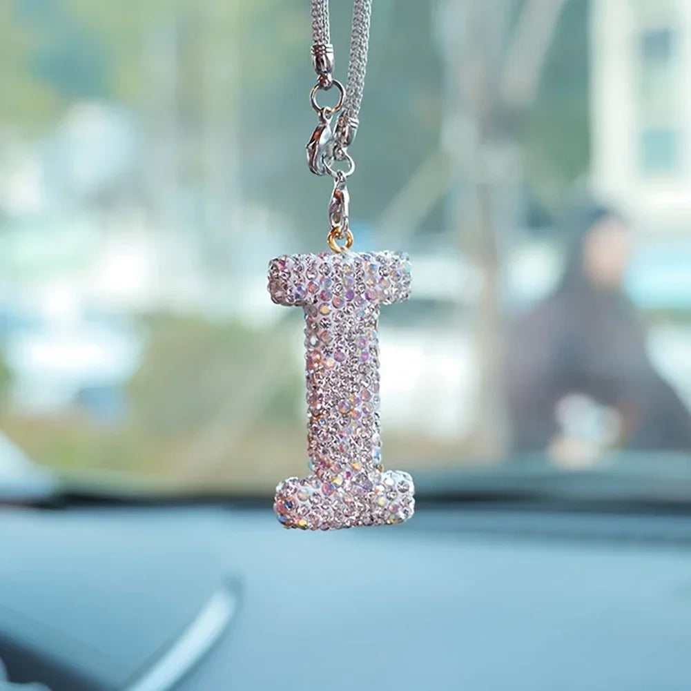 Letter Butterfly Knot Clay Car Interior Accessories Hanging Ornament Women's Rhinestone Car Rearview Mirror Pendant Drop