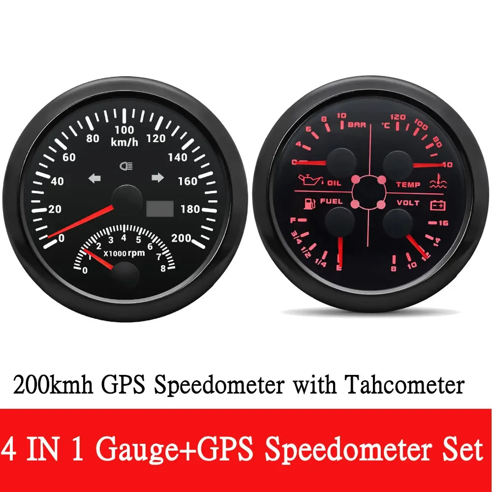 Dual Gauges Set 85MM GPS Speedometer Gauge 120kmh 200kmh & 4in 1 Fuel Level + Volt + Oil Press + Water Temp Meter For Marine Car