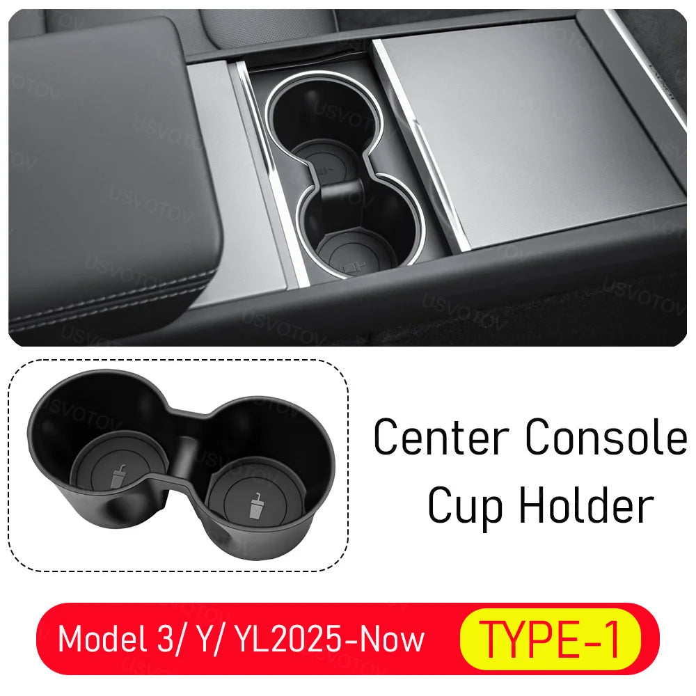 Center Console Storage Box for Tesla Model Y YL Juniper Standard Model 3 2025 2026 Cup close-up view