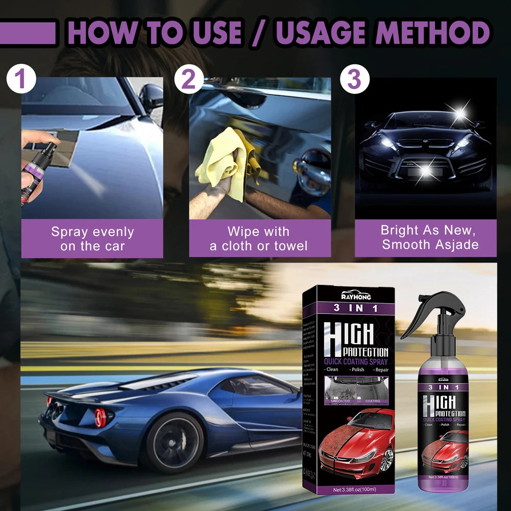 3 in 1 Rapid Ceramic Coating Car Wax Polish Spray | Hydrophobic Gloss Shine for Paint, close-up view