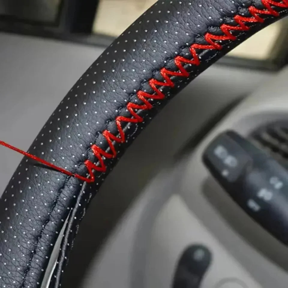 DIY Car Steering Wheel Cover Fiber Leather with Needle Braid on Steering Wheel SkidPro close-up view