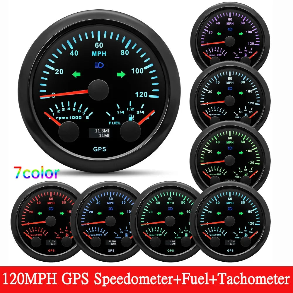 HD Customized 85MM 3 IN 1 Gauge 120kmh 120MPH GPS Speedometer Fuel Gauge Voltage Voltmeter Tachometer RPM Sesnor With Antenna