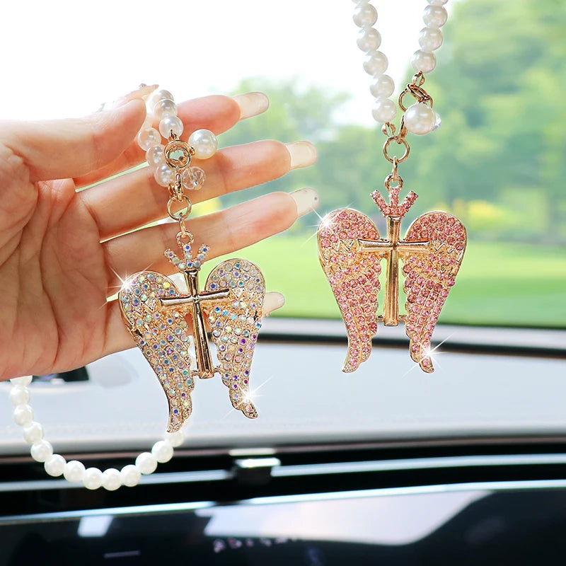Creative Cute Diamond-Studded Crown Angel Car Pendant Exquisite Angel Wings Car Rearview Mirror Pendant Car Hanging Decoration