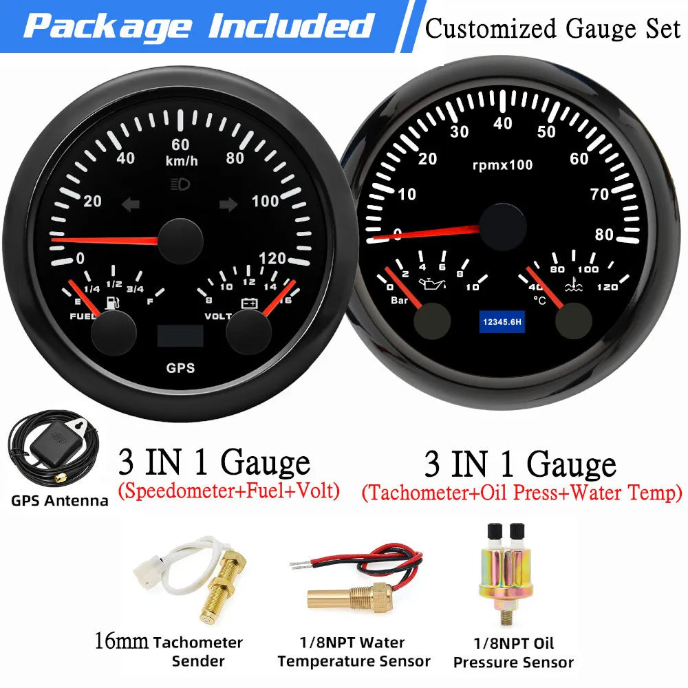 Custom 2 Gauges Set With Sensors Kit | 85mm 3-in-1 GPS Speedometer, Fuel, Tachometer, alternate view