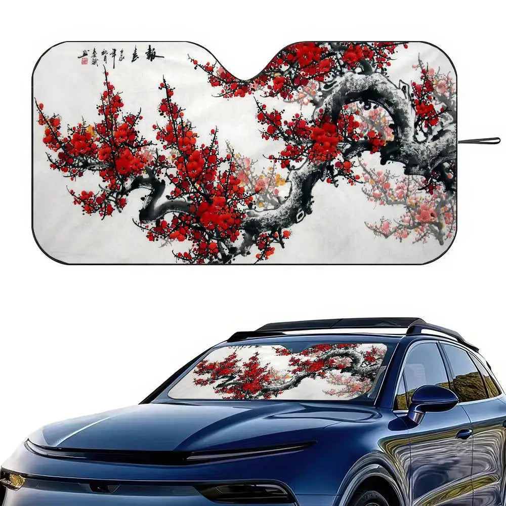 Chinese Plum Flower Sunshade Windscreen 3D Film Plaid Gift Novelty Car Front Window Vi close-up view