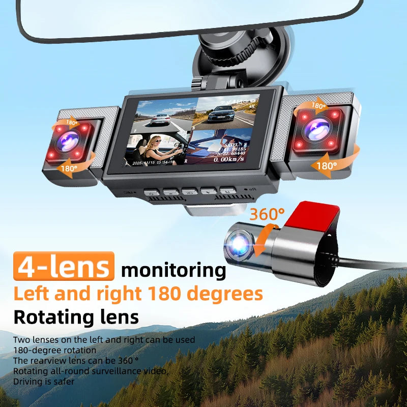 4K 360° 4-Channel Dash Cam with 5.8GHz WiFi & GPS | 4K Front+1080P Left/Right/Rear, 3" IPS Screen, Night Vision, Loop Recording