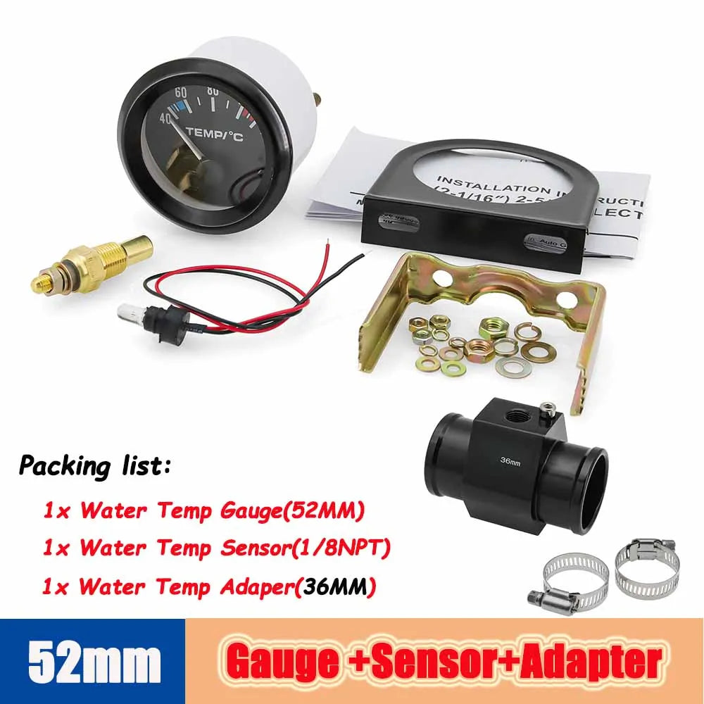 40-120 Celsius Car 52mm Water Temperature Gauge with Adaptor Joint Pipe | Racing 12V R close-up view