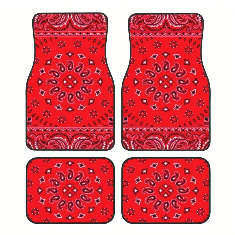 Red Bohemian Paisley Print Car Floor Mats 4Pcs Universal Anti-Slip Auto Carpet Inte additional angle