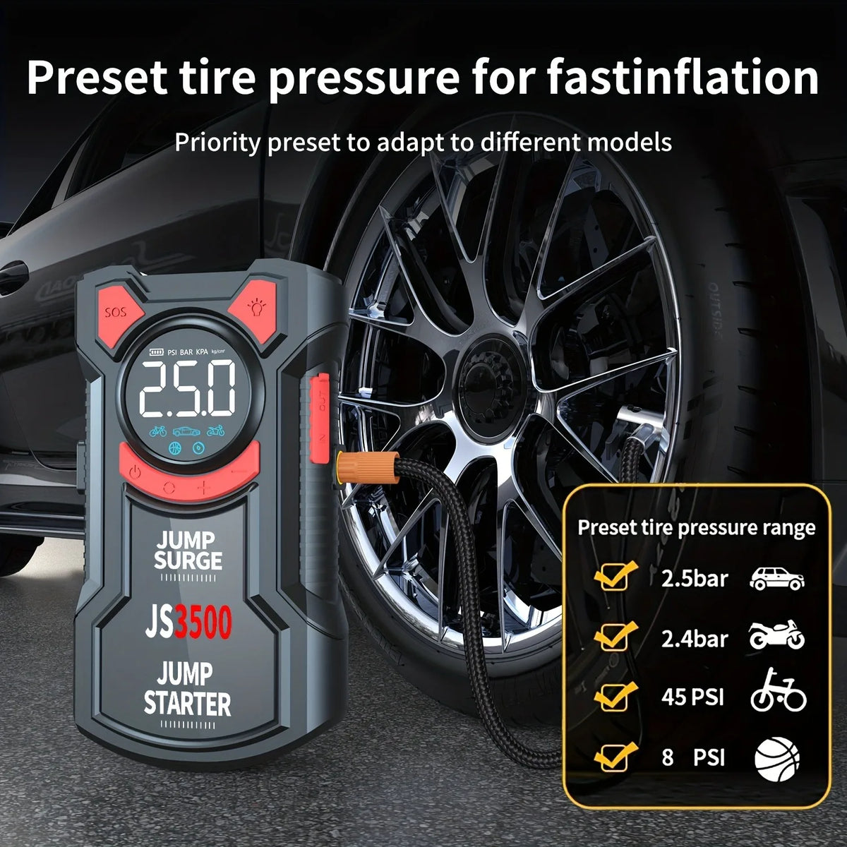 PAIVIROKU 5-in-1 Jump Starter with Air Pump 3000A Peak Starter Box 150PSI Battery Pack with Digital Tire Inflator Car Battery Jump Starter