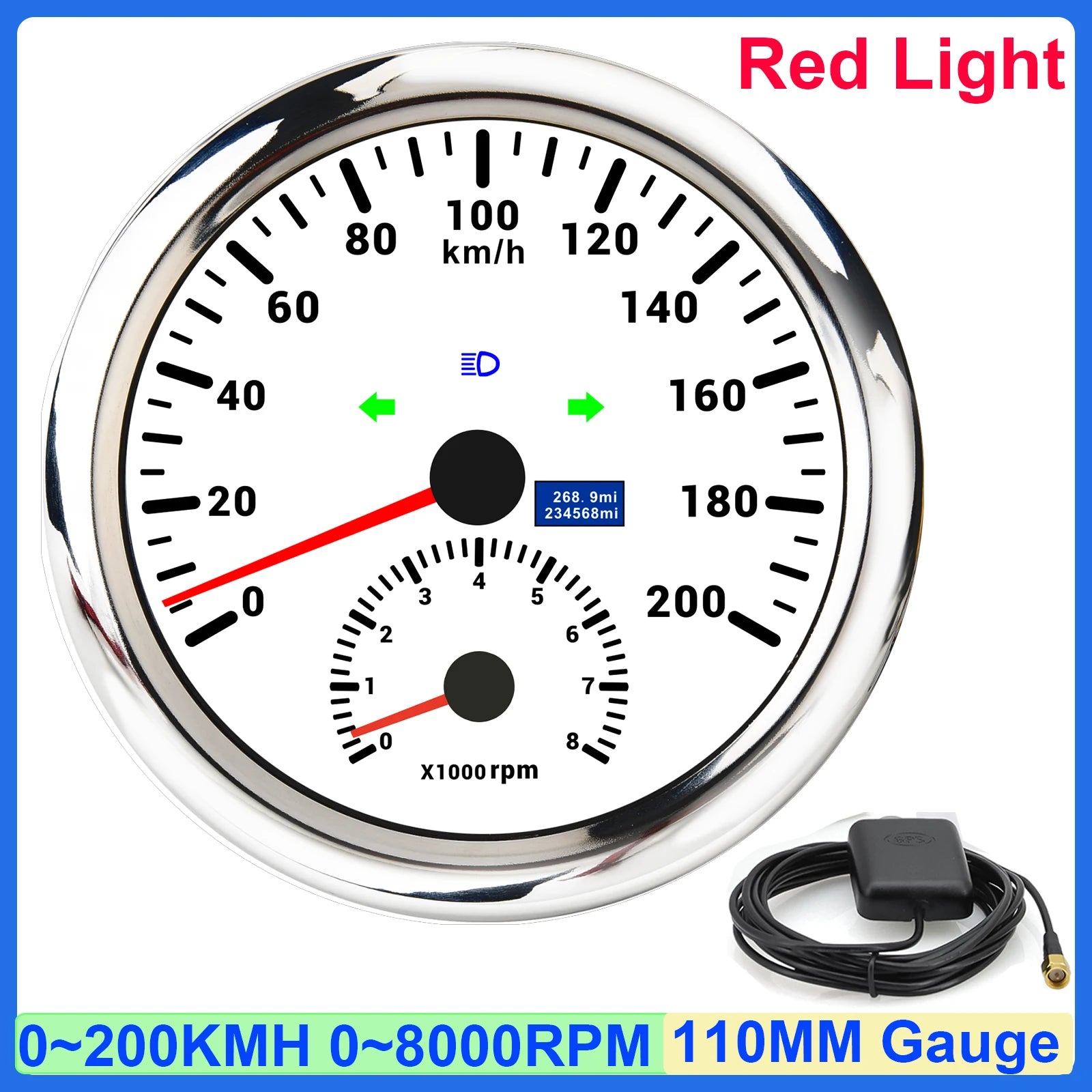 GPS Speedometer and Tachometer Combo | 2 in 1 110mm Gauge with GPS Antenna alternate view