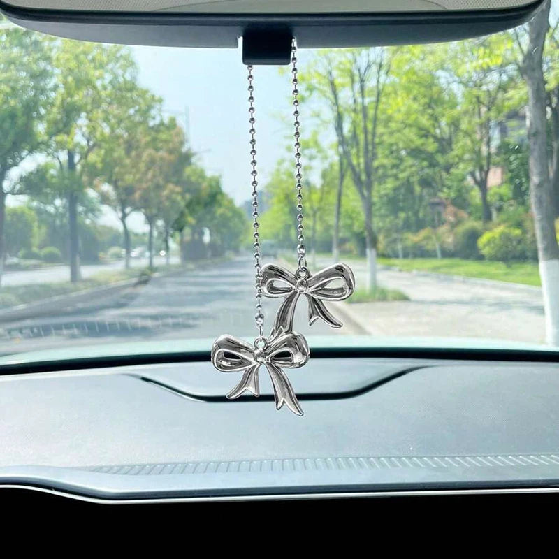 Car Rearview Mirror Pendant Stainless Steel Beaded Chain Bow