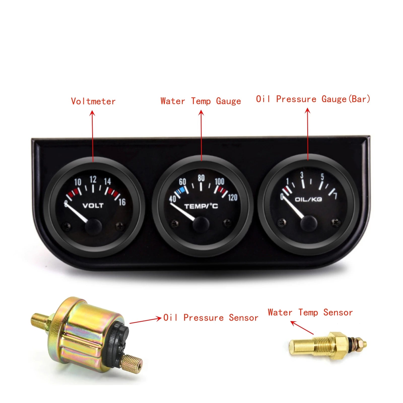 52mm 3 In 1 Triple Gauge Kit | Oil Pressure Voltmeter Water Temp with Sensors