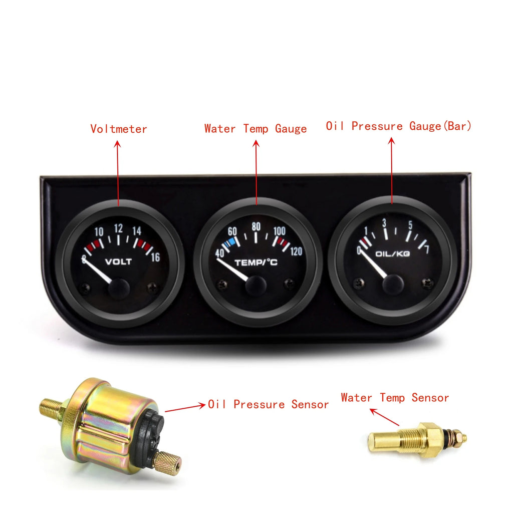 52mm 3 In 1 Triple Gauge Kit | Oil Pressure Voltmeter Water Temp with Sensors