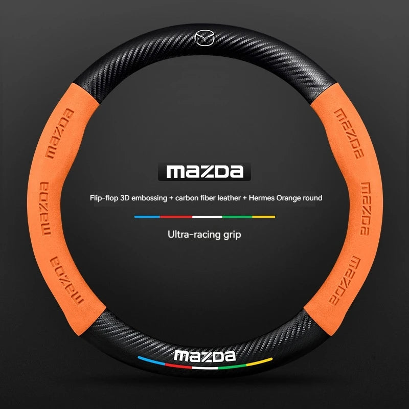 Carbon Fiber Suede Car Steering Wheel Cover | Compatible with Mazda 3 5 6 CX5 CX8 M additional angle