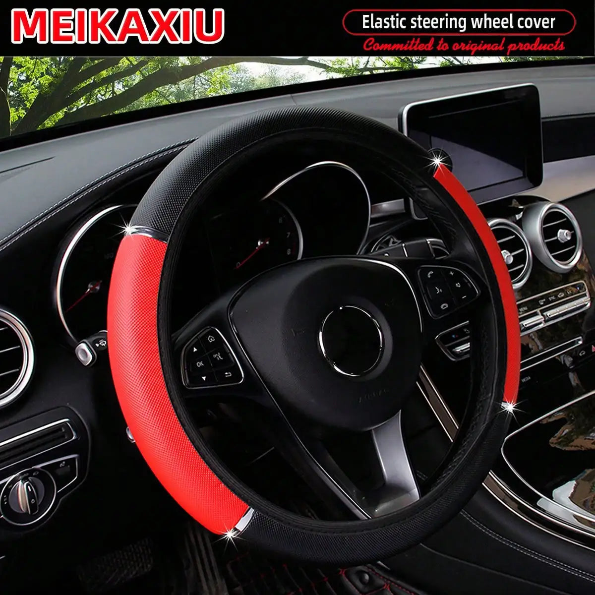 PU Leather Shiny Metal Stretchable Car Rimless Steering Wheel Cover Suitable for 14.5 - detail view