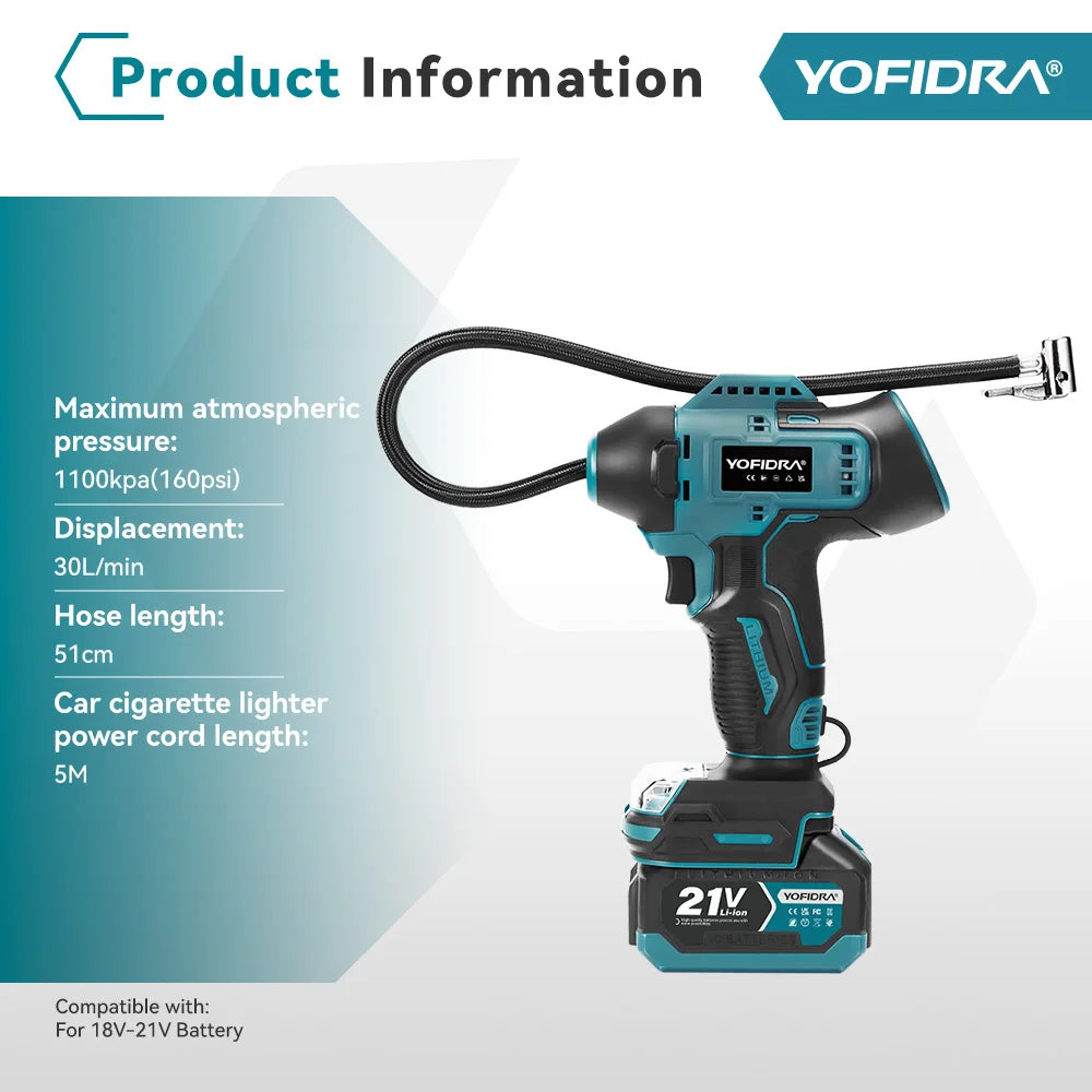 YOFIDRA Electric Air Pump Tire Inflator High Pressure Digital Display Multifunct Car Air Compressor Tool For Makita Battery Pin