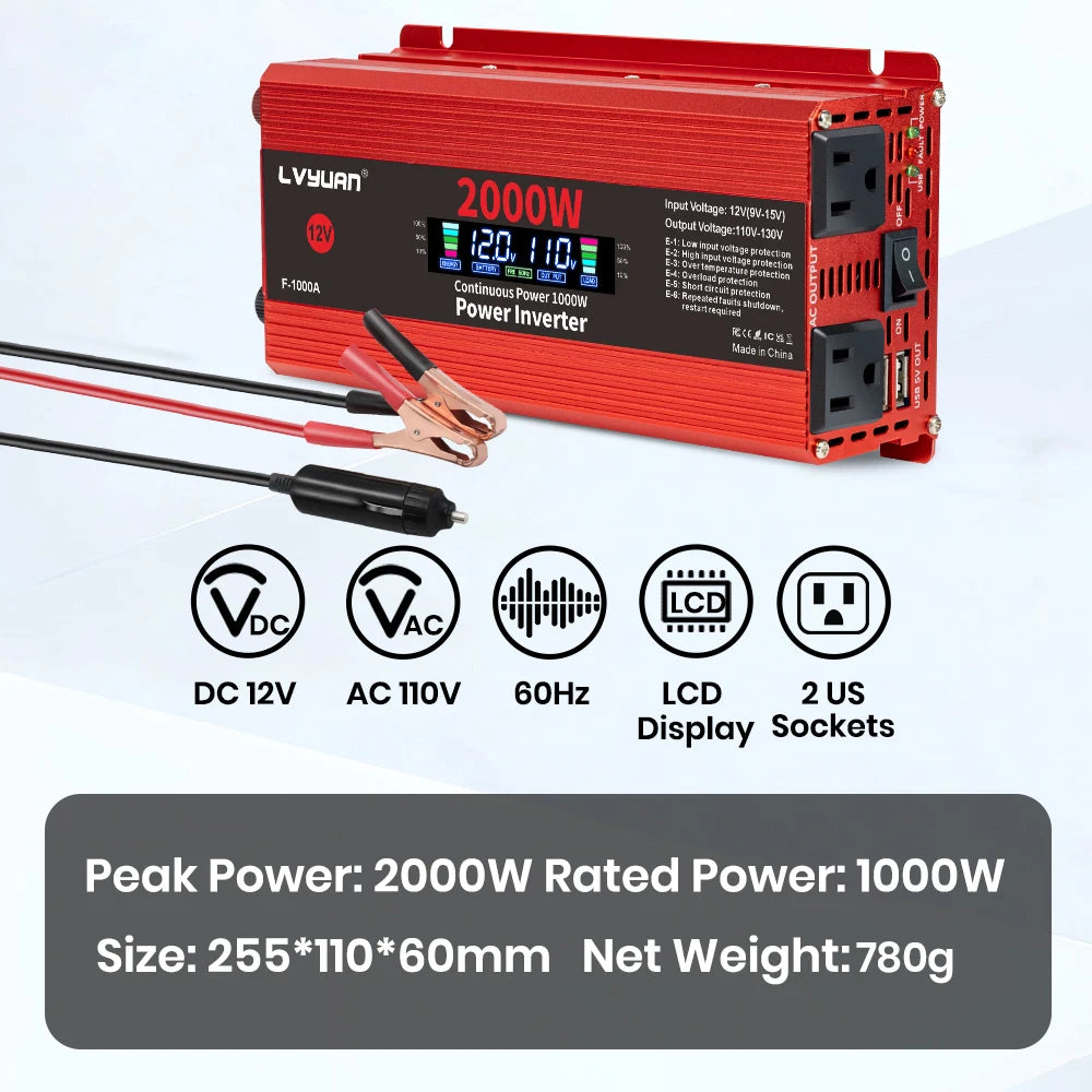 1500W/2000W/2600W DC12V to AC110V Portable Car Power Inverter Charger Converter Adapter US Socket Auto Accessories