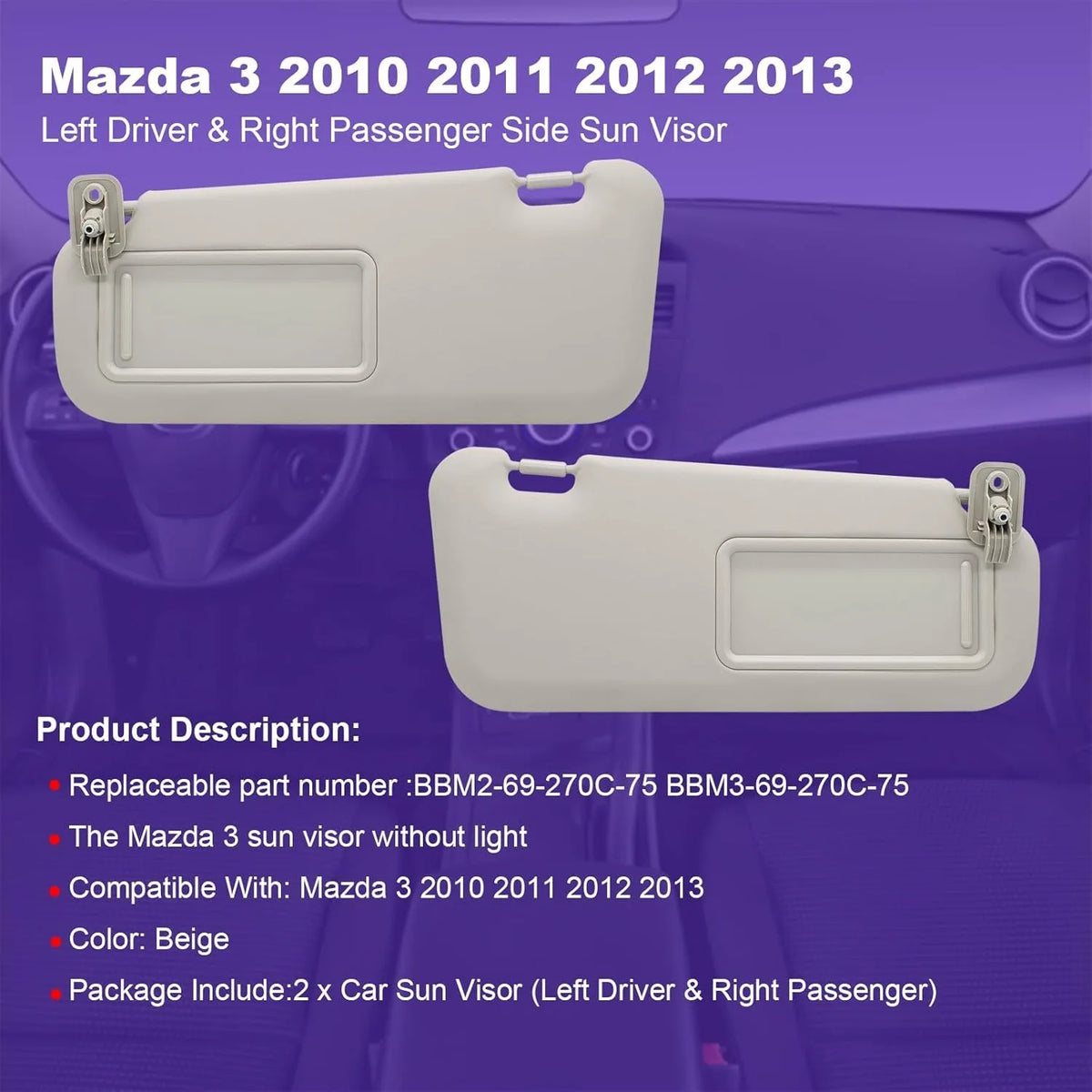 Car Sun Visor For Mazda 3 Mazda3 2010 2011 2012 2013 Left Driver Sun Shade Right Side Sunshade Panel Replacement BBM2 69 320C 75