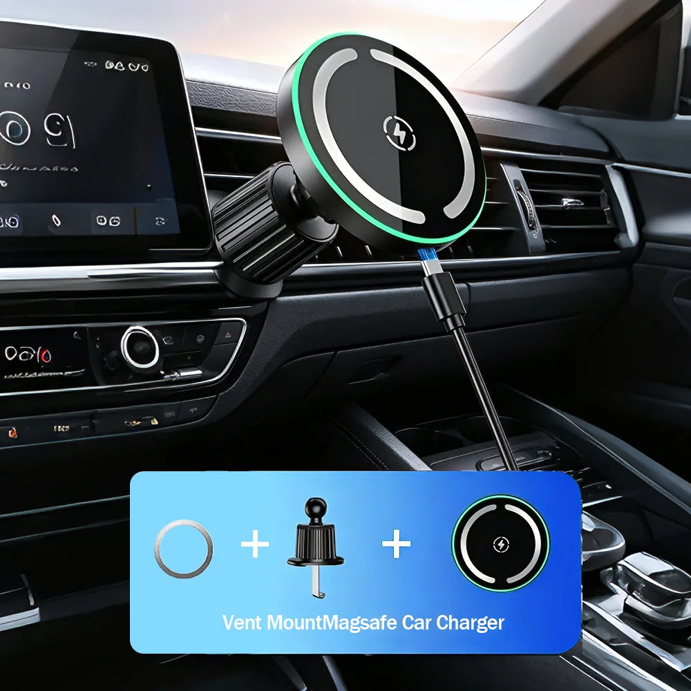 LED Magsafe Car Wireless ChargerSecure Magnetic Mount & Fast Charging Station for Phone 12 to 17 Pro Max