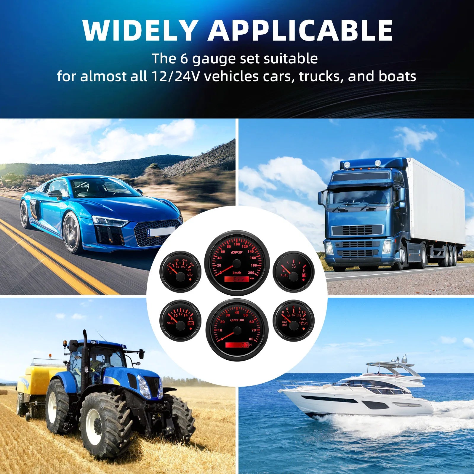 85mm GPS Speedometer 6 Gauge Set with Sensors | 200kmh 8000rpm Tachometer Voltmeter alternate view