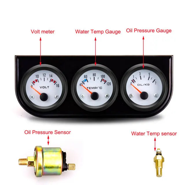 52MM 3 In 1 Oil Pressure Gauge, Volt Meter, and Water Temp Gauge Kit | Triple Meter for detail view