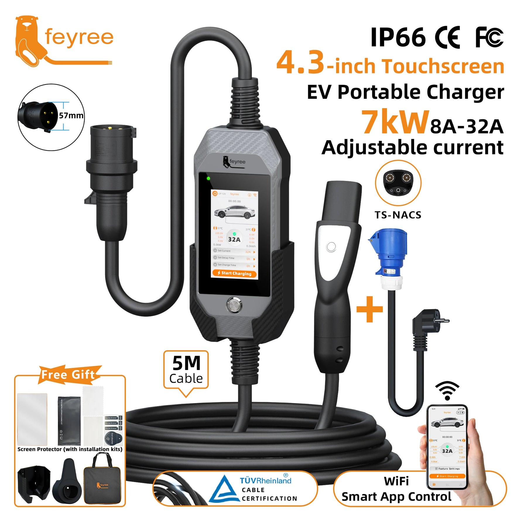 feyree 4.3 Inch Touch Screen Portable EV Charger | 7kW 32A Smart WiFi for Tesla alternate view