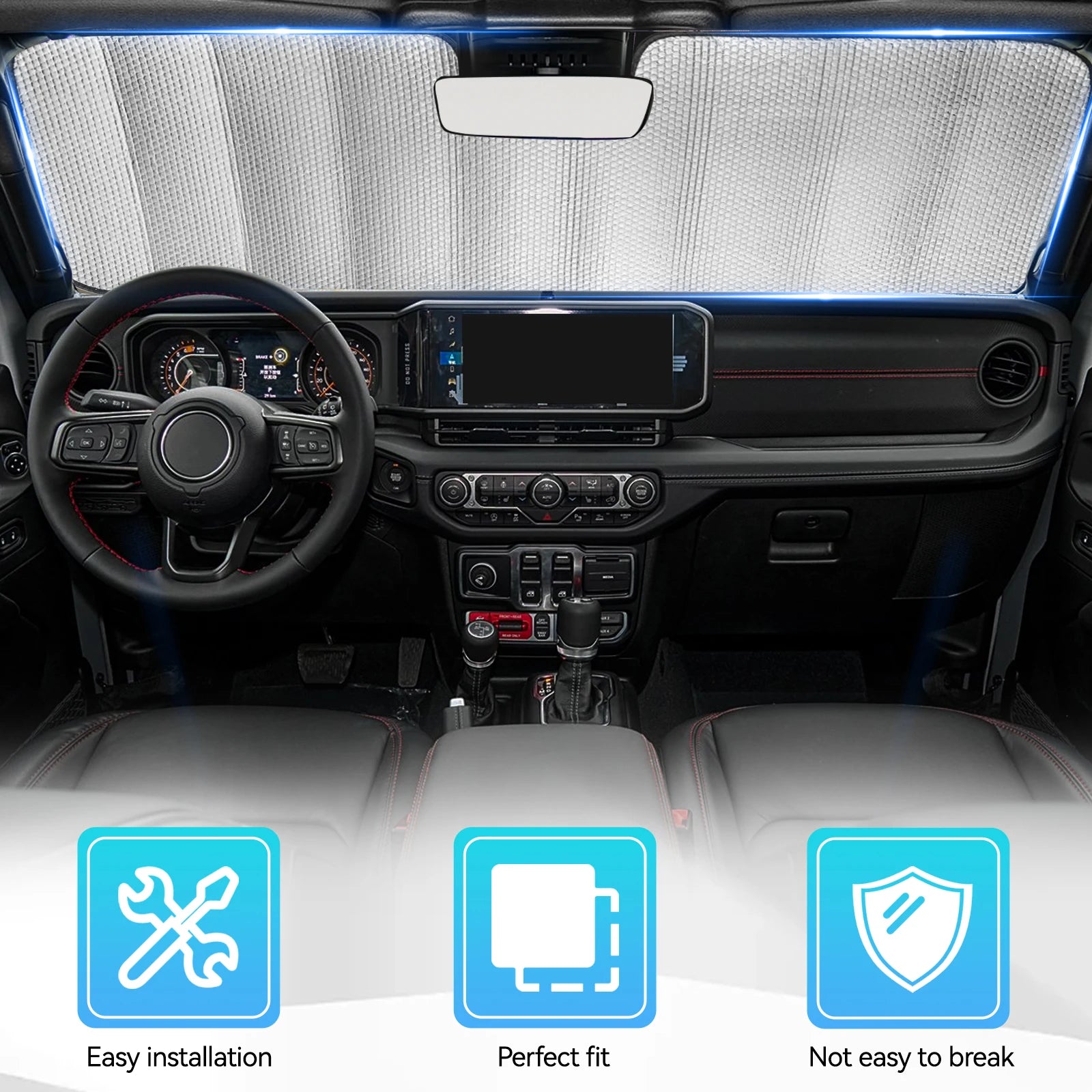 Car Front Windshield Sun Visor Cover | Sunshades for Jeep Wrangler JL 2024 2025 additional angle