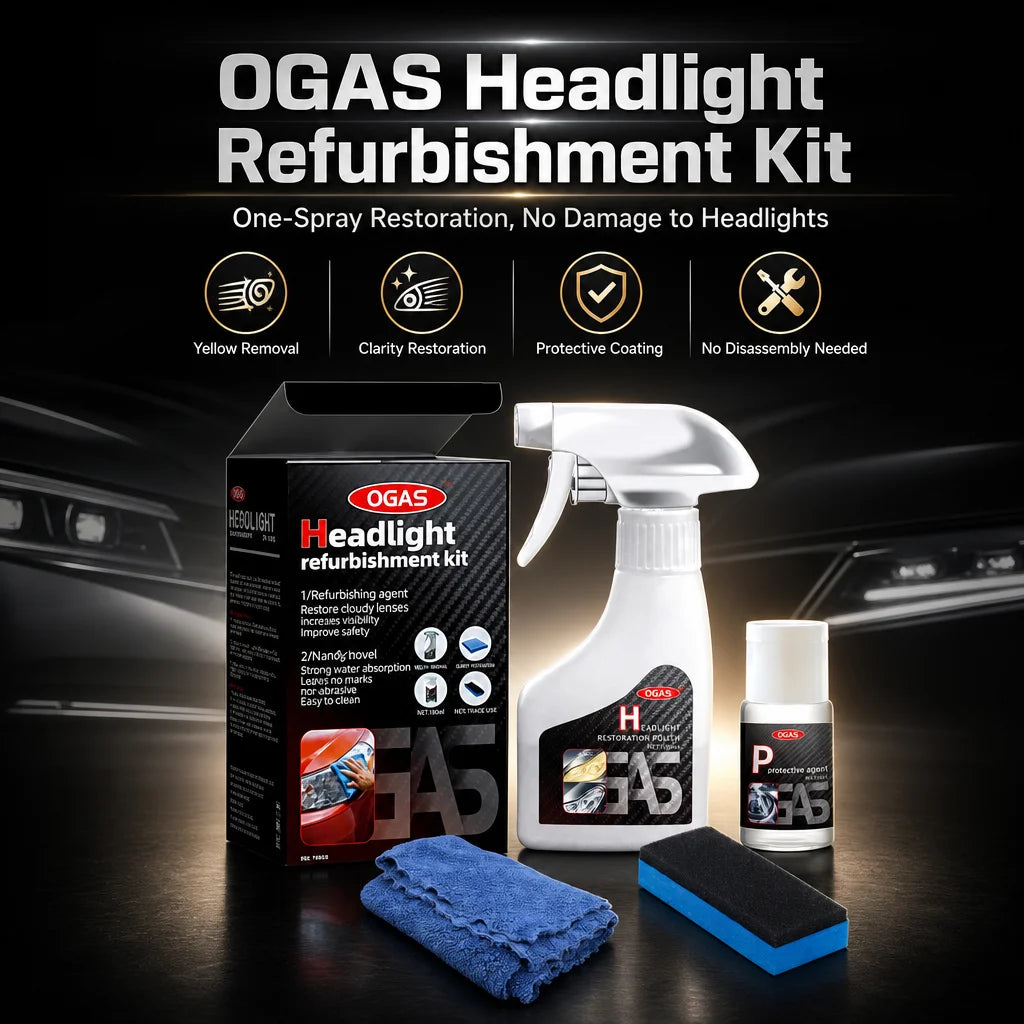 OGAS Car Headlight Restoration Coating Kit 180ml+10ml Yellow Oxidation Remover No Sanding Polishing Agent Auto Lamp Refurbish Protective Fluid with Cleaning Tools