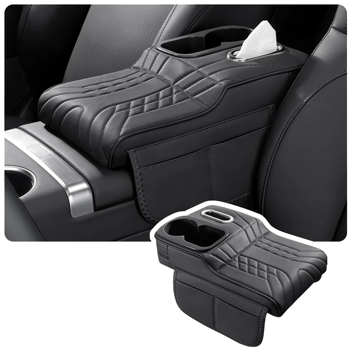 HTMCK Multifunctional Car Armrest Cushion, Center Console Cover with Tissue Holder, Cup Slot and Side Pockets