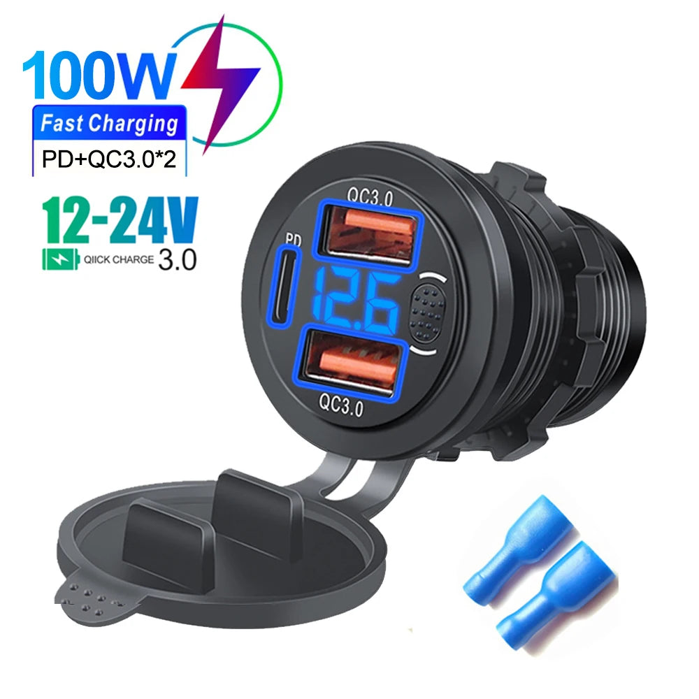 Three Ports Car Charger PD Dual QC3.0 USB Charger Socket with With Digital Voltmeter Button Switch 12V/24V for Motorcycle Car