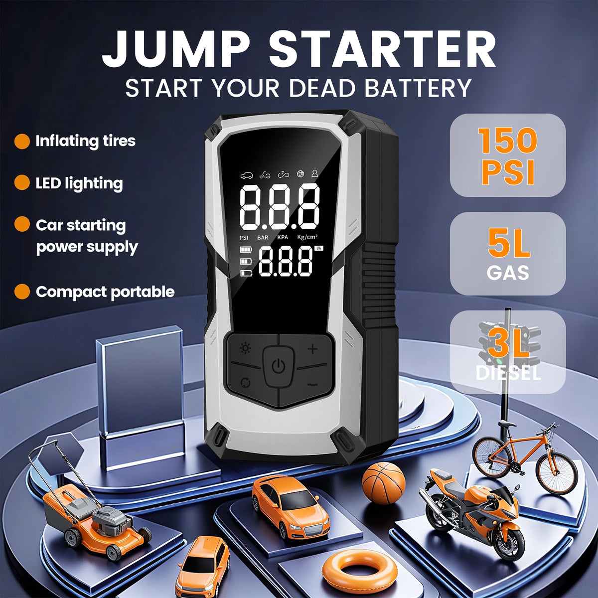STSCELZ 2-in-1 Car Jump Starter with Air Compressor, 150 PSI Portable Battery Booster, Digital Tire Inflator for 12V Cars
