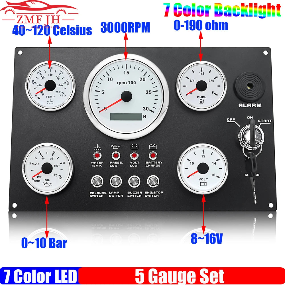 Engine Dash Instrument Panel 5 Gauge Set | 7 Color LED 85mm Tachometer for RV Boat Custom