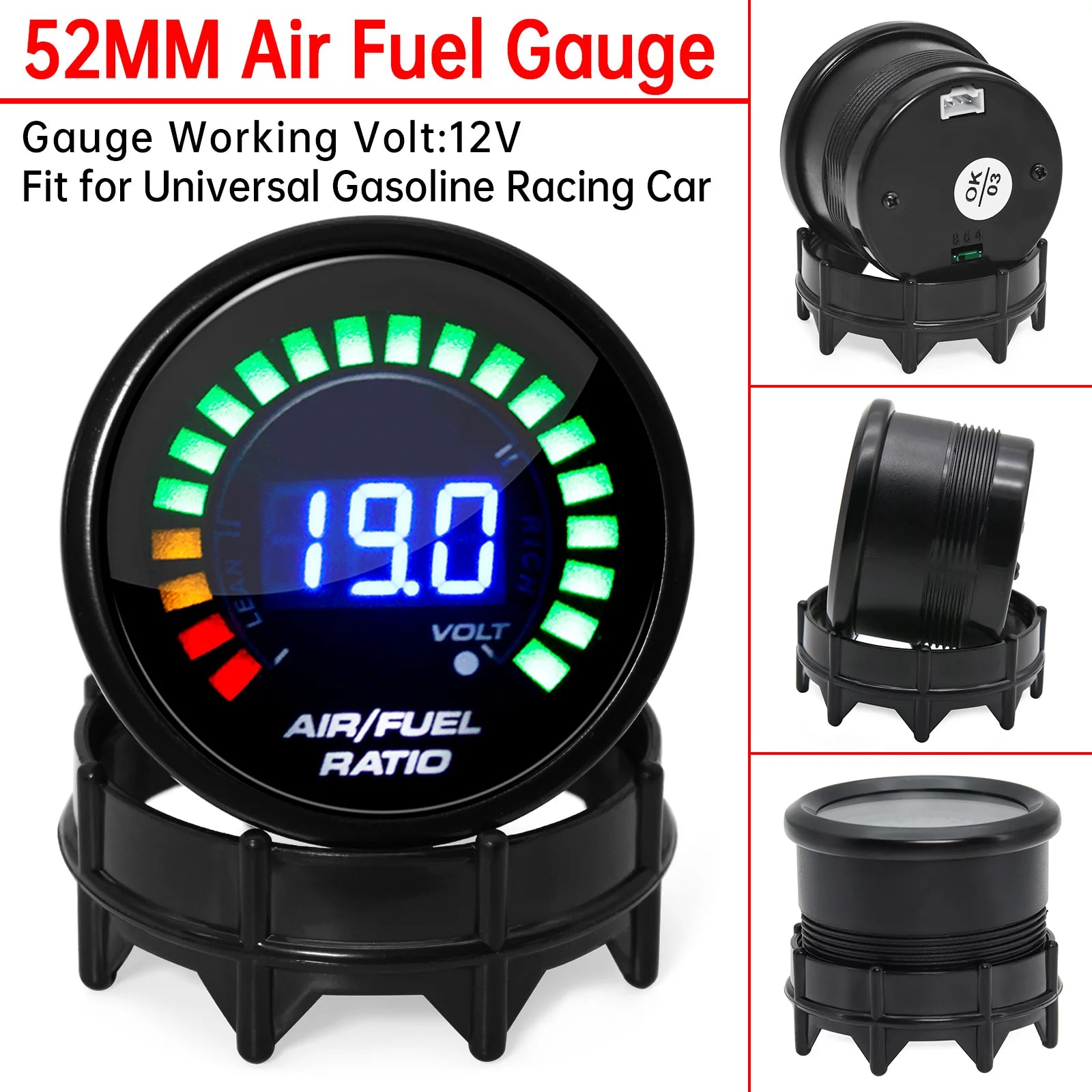 52mm Digital Air Fuel Ratio Gauge Car Gauge AFR 2 in 1 Voltmeter for 12V Vehicles close-up view